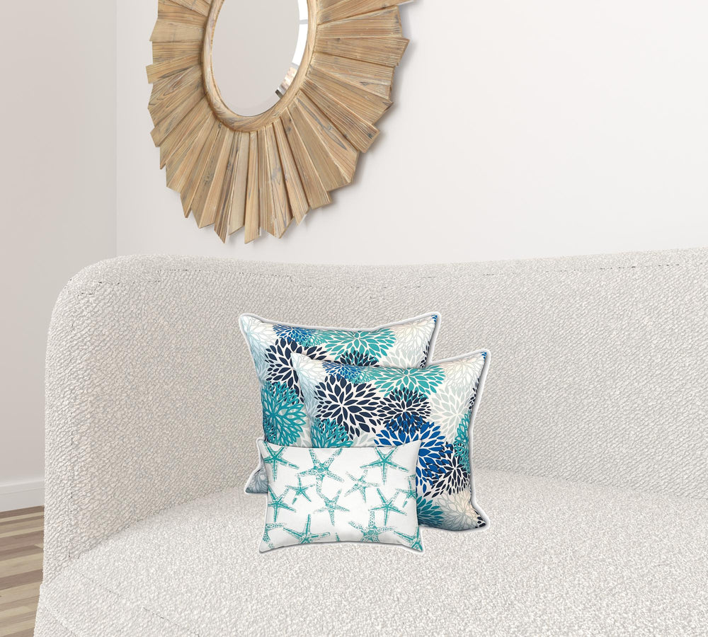 Homeroots Set Of Three 18" X 18" Blue And White Blown Seam Floral Throw Indoor Outdoor Pillow  Uv Protected Polyester 409635