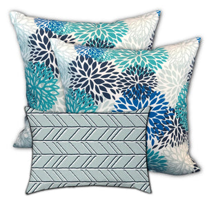 Homeroots Set Of Three 18" X 18" Blue And White Blown Seam Floral Throw Indoor Outdoor Pillow  Uv Protected Polyester 409641