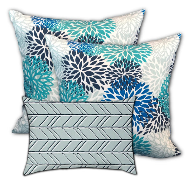 Homeroots Set Of Three 18" X 18" Blue And White Blown Seam Floral Throw Indoor Outdoor Pillow  Uv Protected Polyester 409641