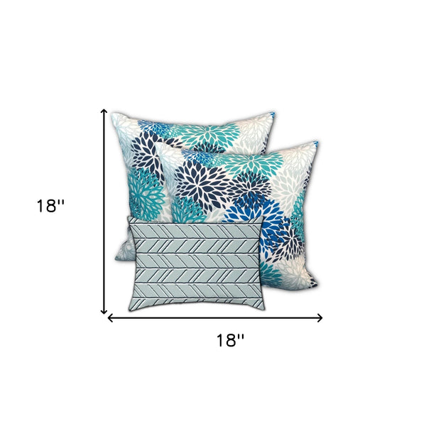 Homeroots Set Of Three 18" X 18" Blue And White Blown Seam Floral Throw Indoor Outdoor Pillow  Uv Protected Polyester 409641