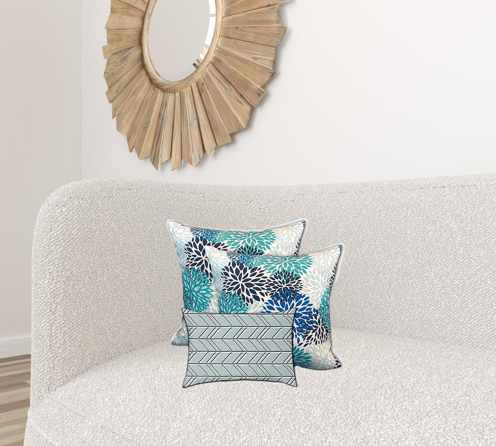 Homeroots Set Of Three 18" X 18" Blue And White Blown Seam Floral Throw Indoor Outdoor Pillow  Uv Protected Polyester 409641