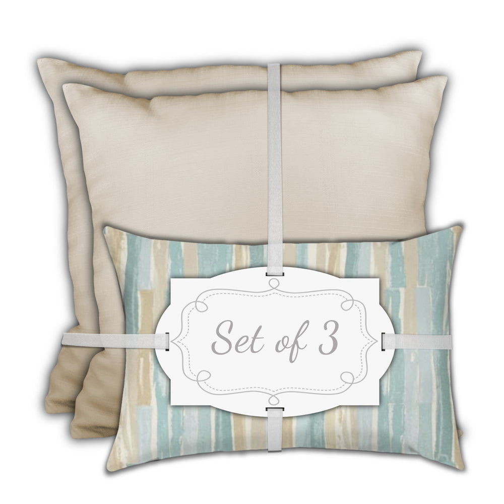 Homeroots Set Of Three 18" X 18" Tan And Seafoam Blown Seam Geometric Throw Indoor Outdoor Pillow  Uv Protected Polyester 409667
