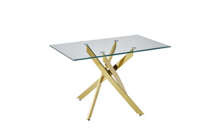 English Elm Modern Tempered Glass Dining Table with Metallic Iron Frame for Compact Spaces Golden W3590S00007