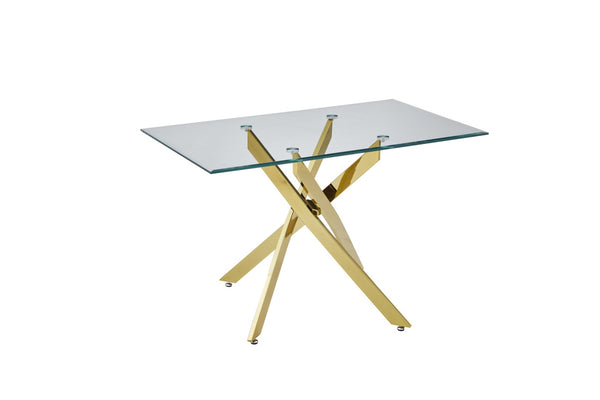 English Elm Modern Tempered Glass Dining Table with Metallic Iron Frame for Compact Spaces Golden W3590S00007
