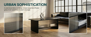 English Elm 47"rectangular Coffee Table Fluted Glass Sliding Doors Retro Wood Grain Living Room Storage Black W3935P408521