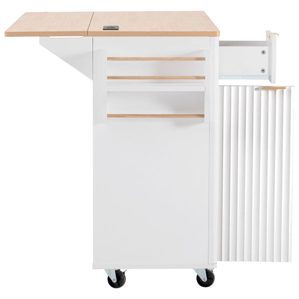 English Elm K&k Fluted Rolling Kitchen Island Faux Marble Top Power Outlet Storage Drawers White N707P353945W