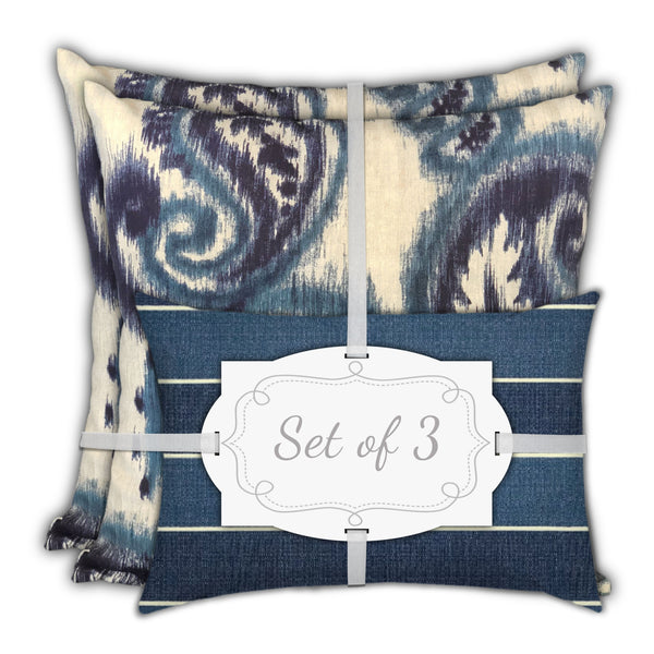 Homeroots Set Of Three 18" X 18" Navy Blue And White Zippered Paisley Throw Indoor Outdoor Pillow  Uv Protected Polyester 409700