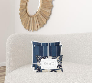 Homeroots Set Of Three 18" X 18" Navy Blue And White Zippered Striped Throw Indoor Outdoor Pillow  Uv Protected Polyester 409702