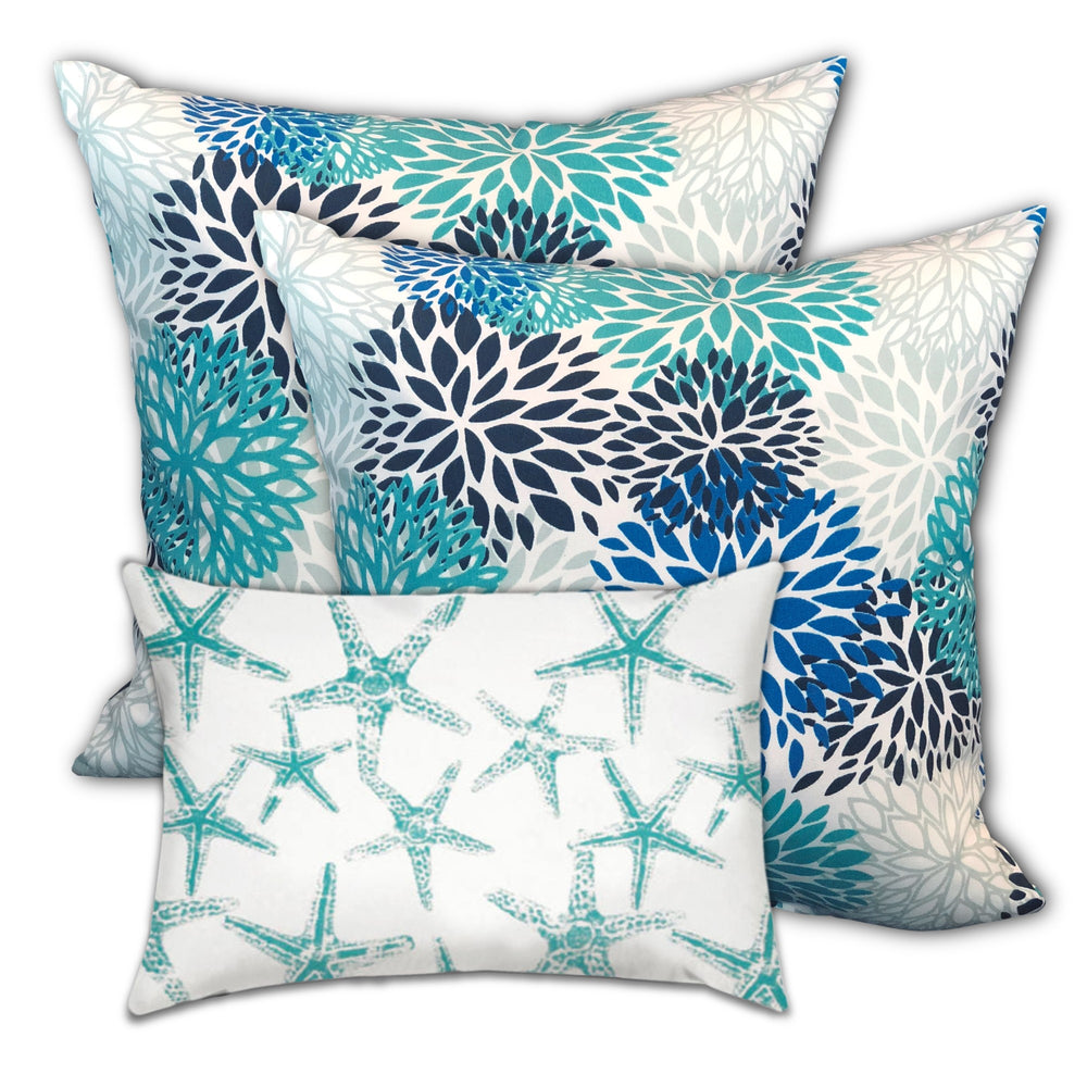 Homeroots Set Of Three 18" X 18" Blue And White Zippered Floral Throw Indoor Outdoor Pillow  Uv Protected Polyester 409743