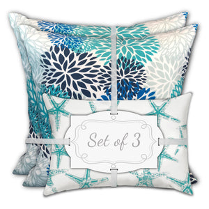 Homeroots Set Of Three 18" X 18" Blue And White Zippered Floral Throw Indoor Outdoor Pillow  Uv Protected Polyester 409743