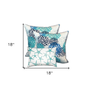Homeroots Set Of Three 18" X 18" Blue And White Zippered Floral Throw Indoor Outdoor Pillow  Uv Protected Polyester 409743