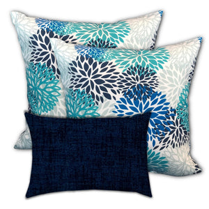 Homeroots Set Of Three 18" X 18" Blue And White Zippered Floral Throw Indoor Outdoor Pillow  Uv Protected Polyester 409744