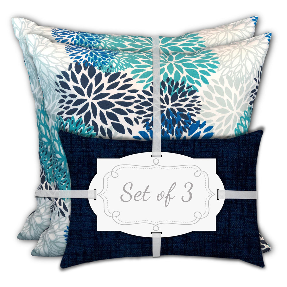 Homeroots Set Of Three 18" X 18" Blue And White Zippered Floral Throw Indoor Outdoor Pillow  Uv Protected Polyester 409744