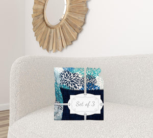 Homeroots Set Of Three 18" X 18" Blue And White Zippered Floral Throw Indoor Outdoor Pillow  Uv Protected Polyester 409744