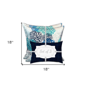 Homeroots Set Of Three 18" X 18" Blue And White Zippered Floral Throw Indoor Outdoor Pillow  Uv Protected Polyester 409744