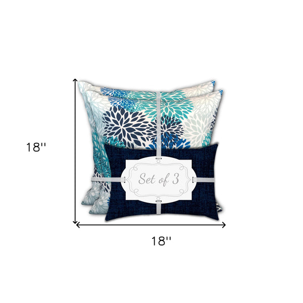 Homeroots Set Of Three 18" X 18" Blue And White Zippered Floral Throw Indoor Outdoor Pillow  Uv Protected Polyester 409744