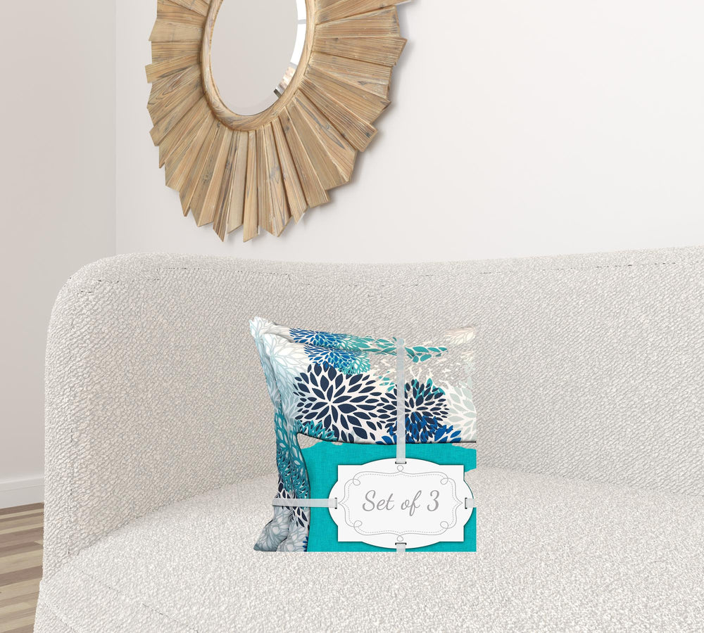 Homeroots Set Of Three 18" X 18" Blue And White Zippered Floral Throw Indoor Outdoor Pillow  Uv Protected Polyester 409745