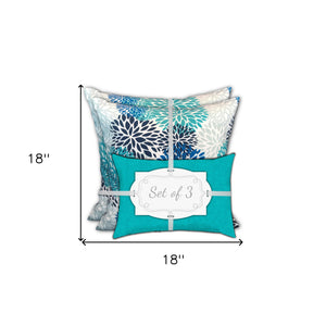 Homeroots Set Of Three 18" X 18" Blue And White Zippered Floral Throw Indoor Outdoor Pillow  Uv Protected Polyester 409745