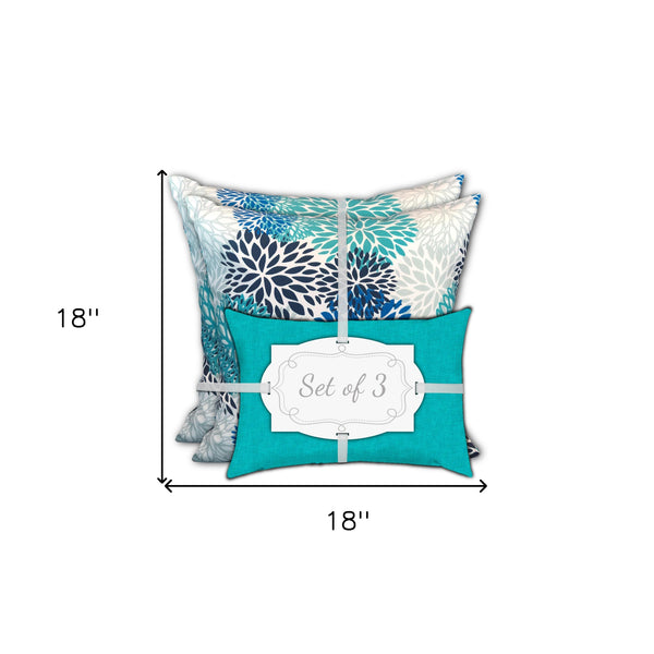 Homeroots Set Of Three 18" X 18" Blue And White Zippered Floral Throw Indoor Outdoor Pillow  Uv Protected Polyester 409745