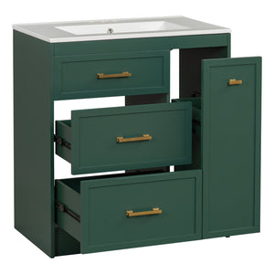 English Elm Classic 30" Forest Green Bathroom Vanity with Gold Handles, Double-Layer Drawer, Ceramic Sink Elegance N729P194978F