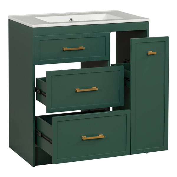 English Elm Classic 30" Forest Green Bathroom Vanity with Gold Handles, Double-Layer Drawer, Ceramic Sink Elegance N729P194978F