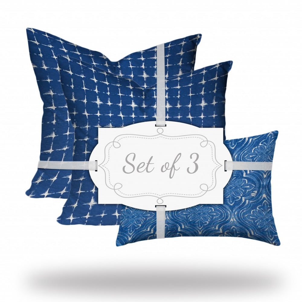 Homeroots Set Of Three 20" X 20" Blue And White Blown Seam Gingham Throw Indoor Outdoor Pillow  100% Polyester 409824