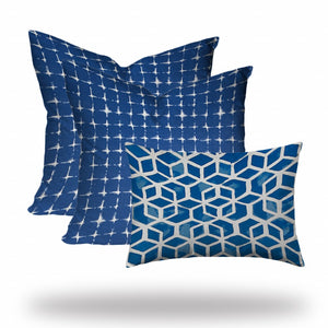 Homeroots Set Of Three 20" X 20" Blue And White Enveloped Geometric Throw Indoor Outdoor Pillow Cover  100% Polyester 409835