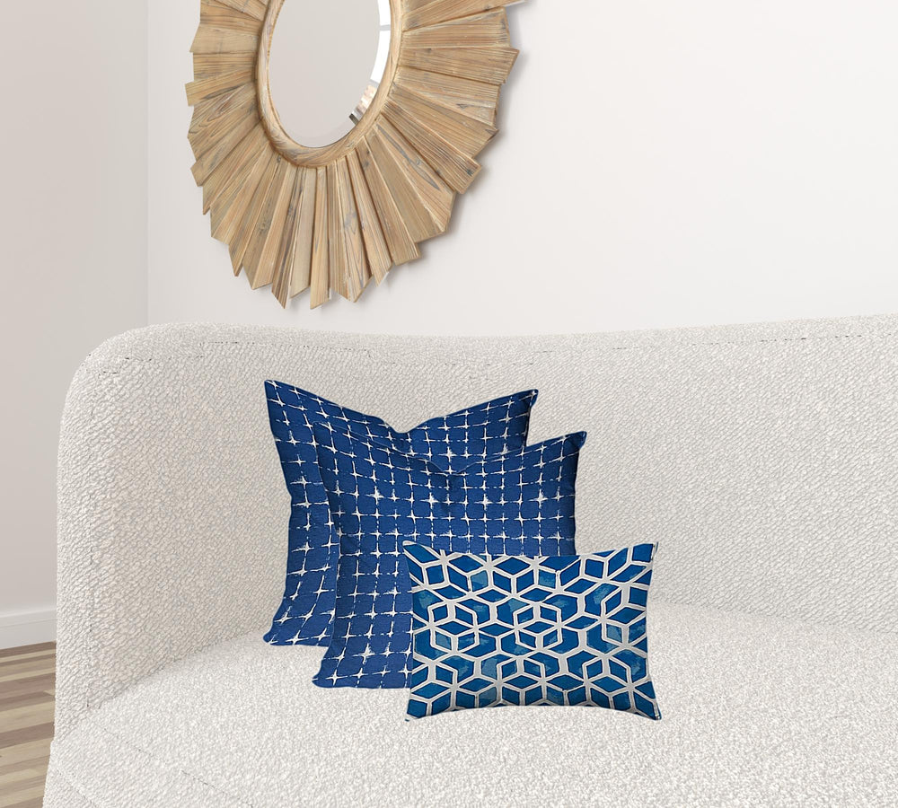 Homeroots Set Of Three 20" X 20" Blue And White Enveloped Geometric Throw Indoor Outdoor Pillow Cover  100% Polyester 409835