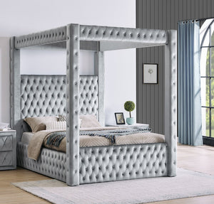 English Elm 1pc Velvet Four Poster Queen Bed Crystal Tufted Upholstered Glam Bedroom Frame Grey B011S02309