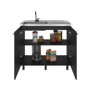 English Elm Napoles Freestanding Stainless Steel Utility Sink with Deep Basin for Laundry Rooms Black + Dark Walnut B200S00455