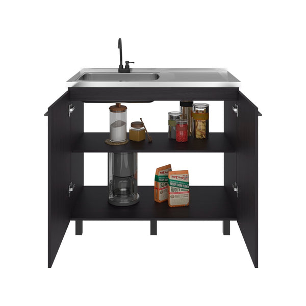 English Elm Napoles Freestanding Stainless Steel Utility Sink with Deep Basin for Laundry Rooms Black + Dark Walnut B200S00455