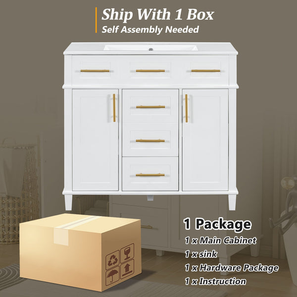 English Elm 36" White Bathroom Vanity Cabinet with Ceramic Sink, Gold Handles, Soft-Close Drawers & Adjustable Shelf N729P204177K