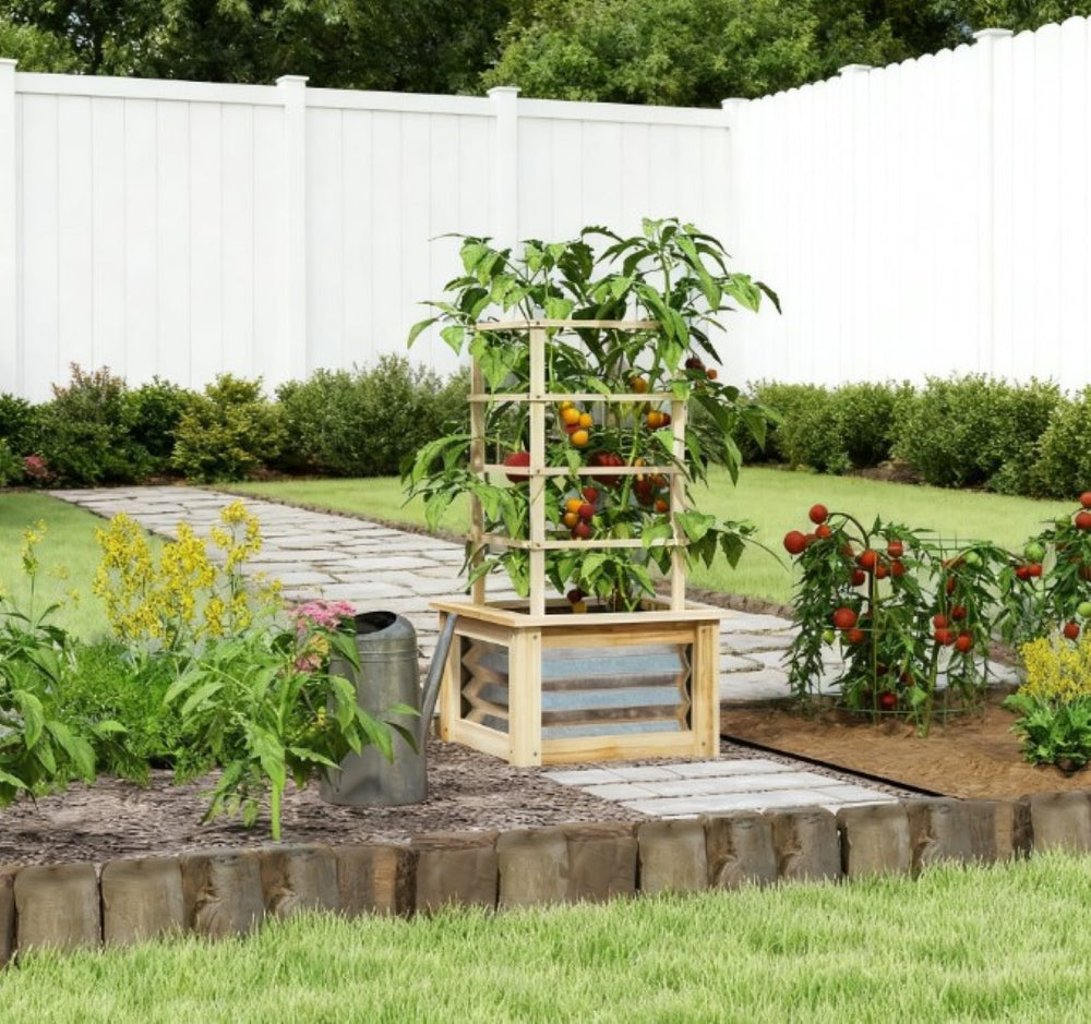 English Elm Versatile Raised Garden Bed with Trellis Fir Wood Galvanized Steel Patio Planter T3971P422642