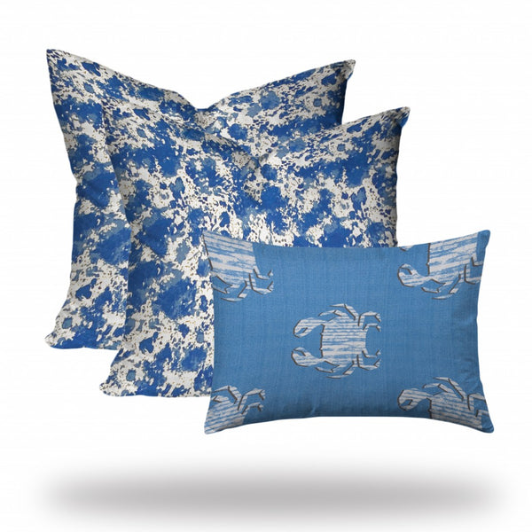 Homeroots Set Of 3 Blue Crab Indoor Outdoor Sewn Closed Pillows   409909