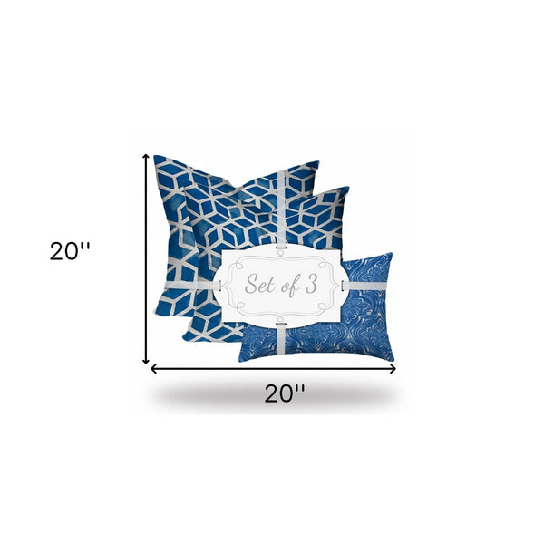 Homeroots Set Of Three 20" X 20" Blue And White Enveloped Geometric Throw Indoor Outdoor Pillow  100% Polyester 409931