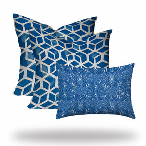 Homeroots Set Of Three 20" X 20" Blue And White Zippered Geometric Throw Indoor Outdoor Pillow  100% Polyester 409933