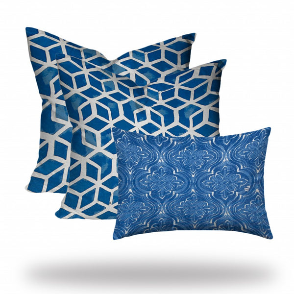 Homeroots Set Of Three 20" X 20" Blue And White Zippered Geometric Throw Indoor Outdoor Pillow  100% Polyester 409933