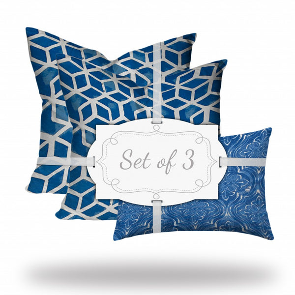 Homeroots Set Of Three 20" X 20" Blue And White Zippered Geometric Throw Indoor Outdoor Pillow  100% Polyester 409933