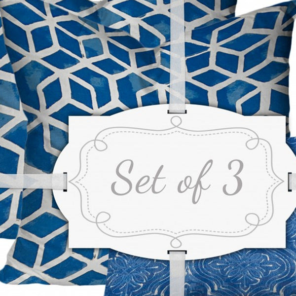 Homeroots Set Of Three 20" X 20" Blue And White Zippered Geometric Throw Indoor Outdoor Pillow  100% Polyester 409933