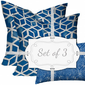 Homeroots Set Of Three 20" X 20" Blue And White Zippered Geometric Throw Indoor Outdoor Pillow  100% Polyester 409933