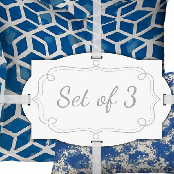 Homeroots Set Of Three 20" X 20" Blue And White Zippered Geometric Throw Indoor Outdoor Pillow  100% Polyester 409938