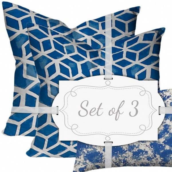 Homeroots Set Of Three 20" X 20" Blue And White Zippered Geometric Throw Indoor Outdoor Pillow  100% Polyester 409938