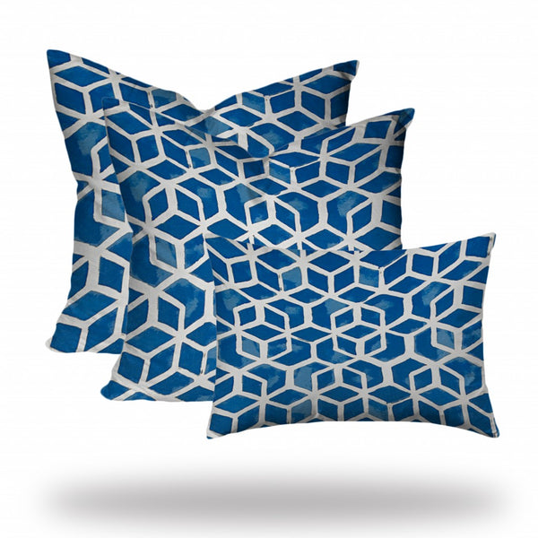 Homeroots Set Of Three 20" X 20" Blue And White Enveloped Geometric Throw Indoor Outdoor Pillow  100% Polyester 409941