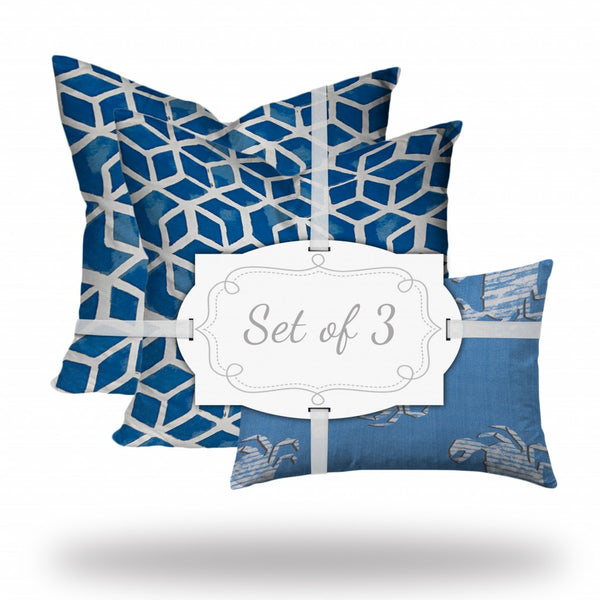 Homeroots Set Of Three 20" X 20" Blue And White Blown Seam Geometric Throw Indoor Outdoor Pillow  100% Polyester 409944