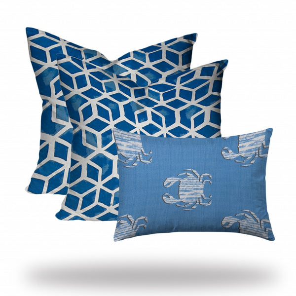 Homeroots Set Of Three 20" X 20" Blue And White Zippered Geometric Throw Indoor Outdoor Pillow  100% Polyester 409948