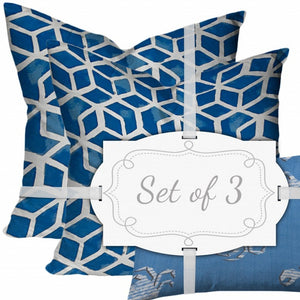 Homeroots Set Of Three 20" X 20" Blue And White Zippered Geometric Throw Indoor Outdoor Pillow  100% Polyester 409948