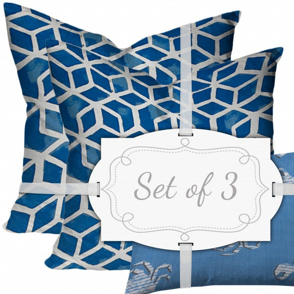 Homeroots Set Of Three 20" X 20" Blue And White Zippered Geometric Throw Indoor Outdoor Pillow  100% Polyester 409948