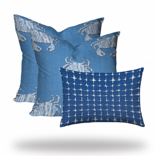 Homeroots Set Of Three 20" X 20" Blue And White Crab Zippered Coastal Throw Indoor Outdoor Pillow Cover  100% Polyester 409962