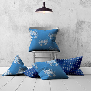 Homeroots Set Of Three 20" X 20" Blue And White Crab Zippered Coastal Throw Indoor Outdoor Pillow Cover  100% Polyester 409962