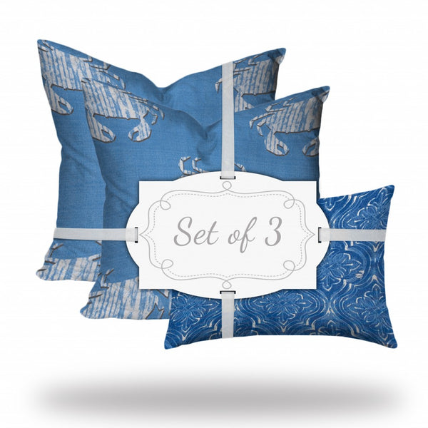 Homeroots Set Of Three 20" X 20" Blue And White Crab Blown Seam Coastal Throw Indoor Outdoor Pillow  100% Polyester 409964